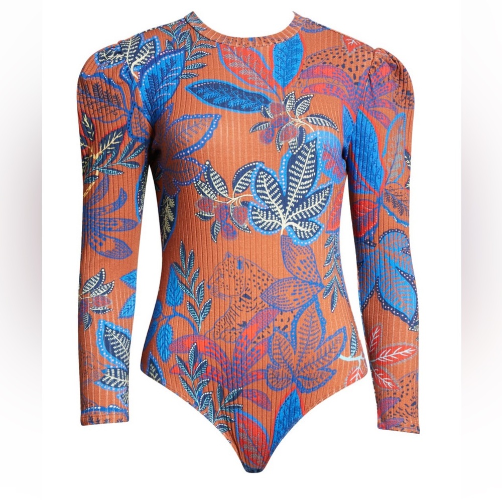 FARM Rio Rust Floral Long-Sleeve Bodysuit with Blue & Pink Accents